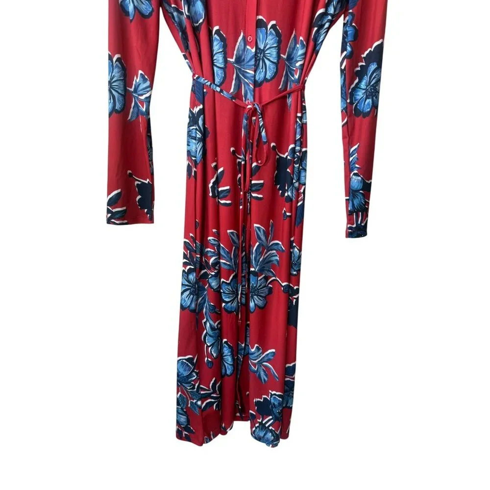 Zara Long Sleeve Shirt Dress Size L Boho Button Down Belted Red Blue Floral Midi - Picture 4 of 12